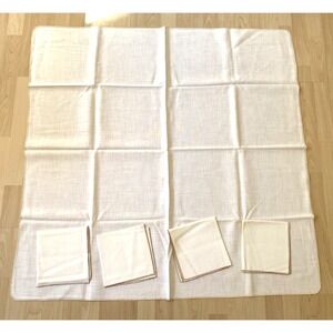 Vintage Linen Tablecloth 4 Napkins Ivory w/ Gold Yellow Trim Harvest NOS